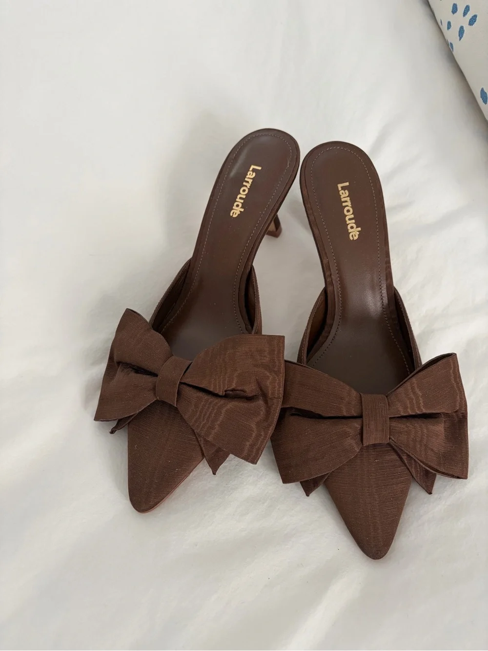 Larroude Chocolate Brown Pointed-Toe Bow Mules